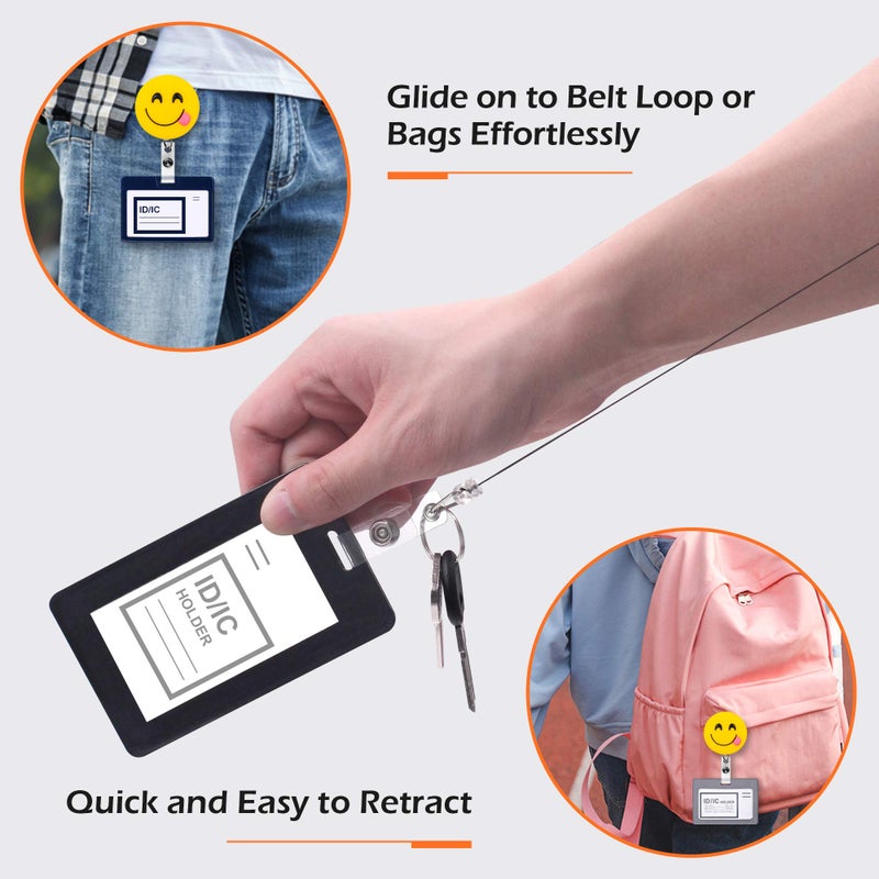 Finex 4 Pcs Set Emoji Smiling Face Badge ID Clip Reel Retractable Holder Office Work Nurse Name Badge Tag Clip On Card Holders Cute - 30 inch Cord Extension - Image 4